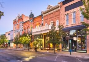 Provo, Utah, USA downtown on Center Street at dusk.